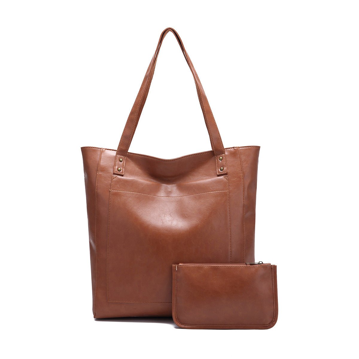 Vintage Soft Leather Tote Bag Set with Zip Pouch, Large Capacity