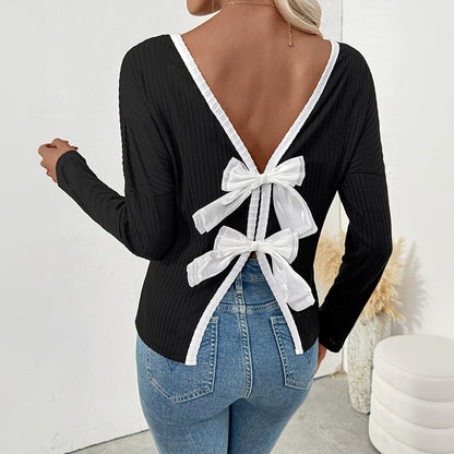 Open Back Bow Tie Contrast Ribbed Long Sleeve Top