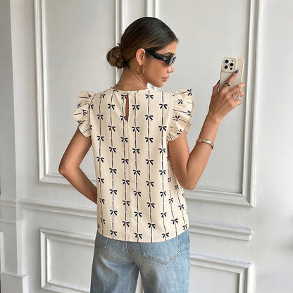 Bow Print Ruffle Sleeve Blouse Vintage Floral Casual Top