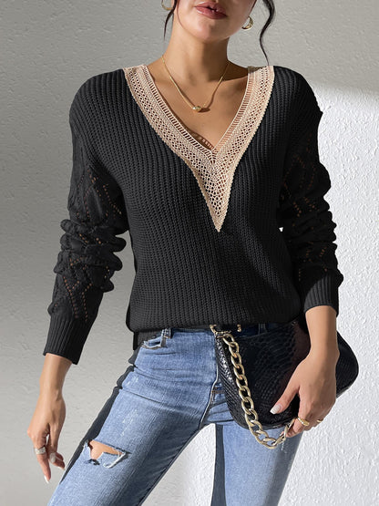 Women's Lace Splicing Deep V-Neck Long Sleeve Bottom Shirt