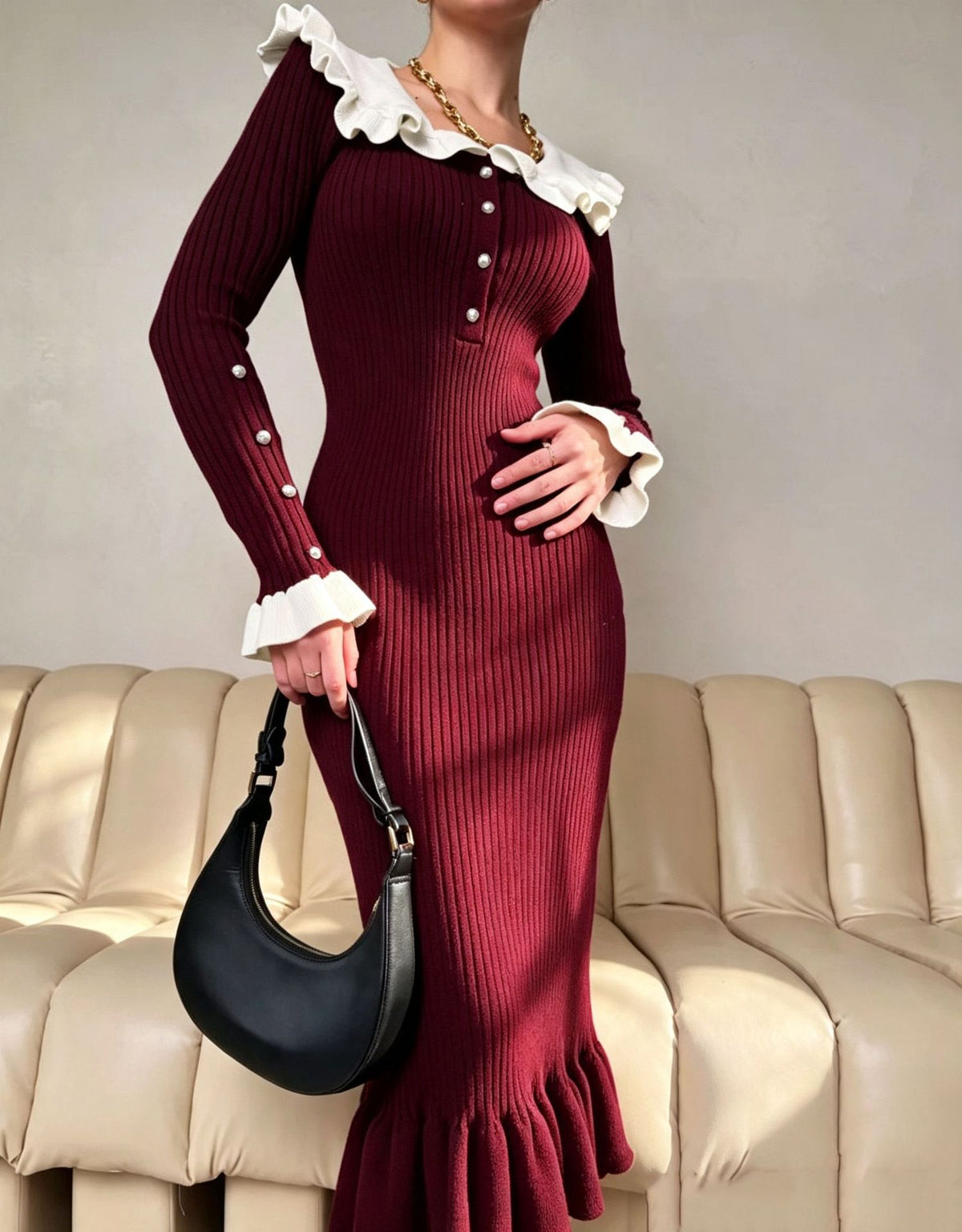 Ruffle Collar Colorblock Knit Bodycon Midi Dress Long Sleeve