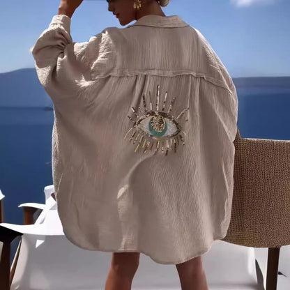 Evil Eye Long Sleeve Oversized Button Down Shirt