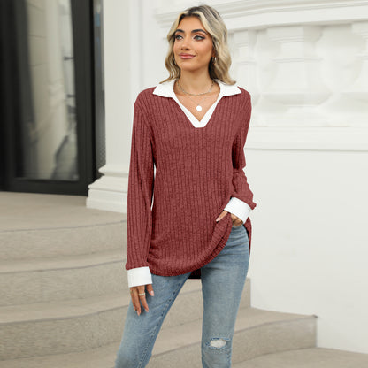 Women's Oversized Contrast Collar V Neck Long Sleeve Top