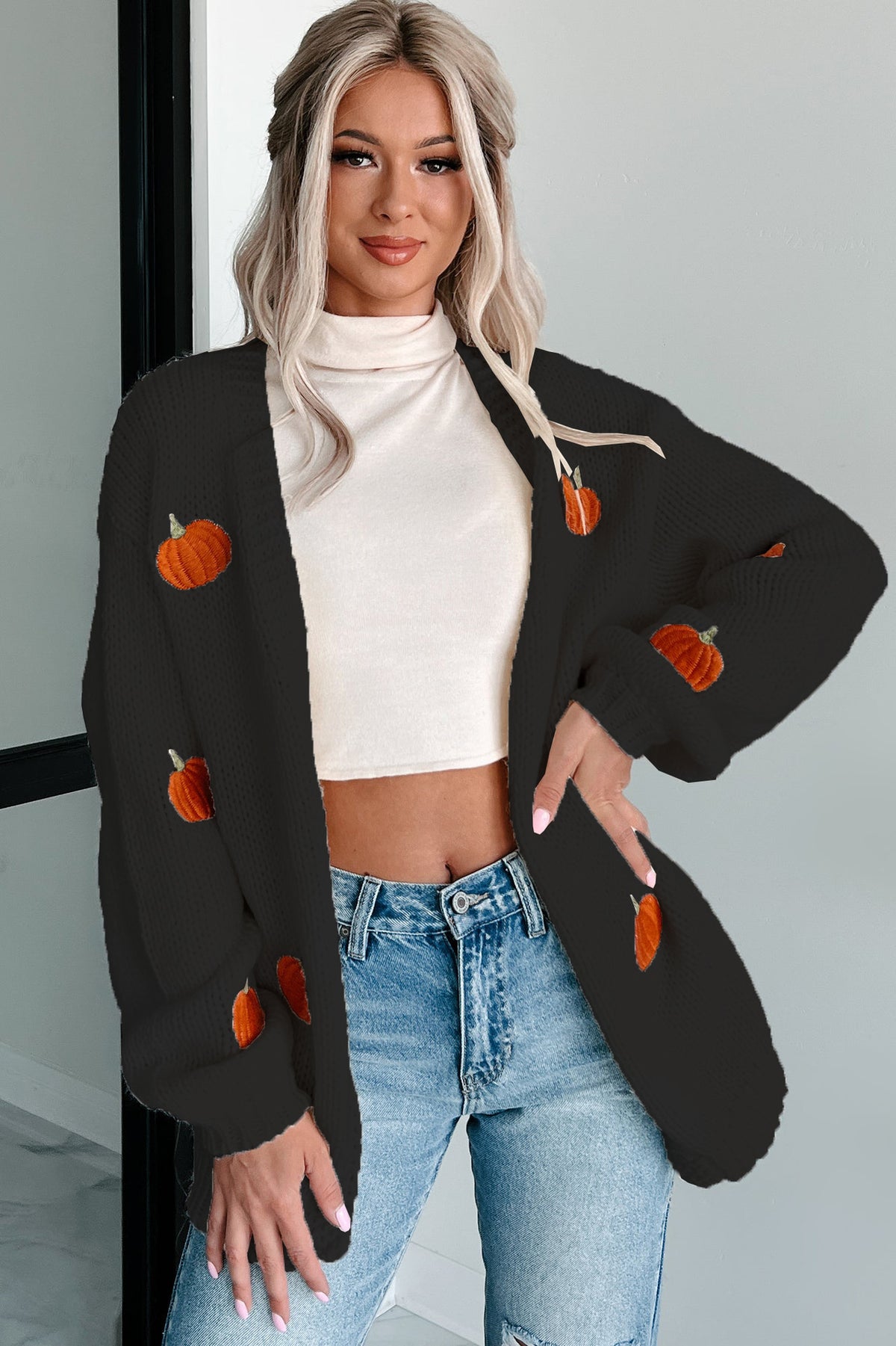 Women's Chunky Pumpkin Embroidered Knit Cardigan