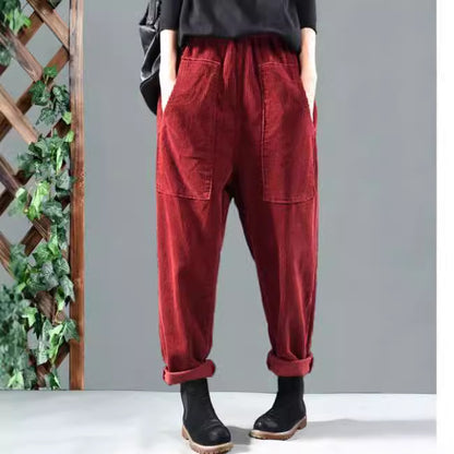 Women Corduroy Harem Pants High Waist Loose Pockets