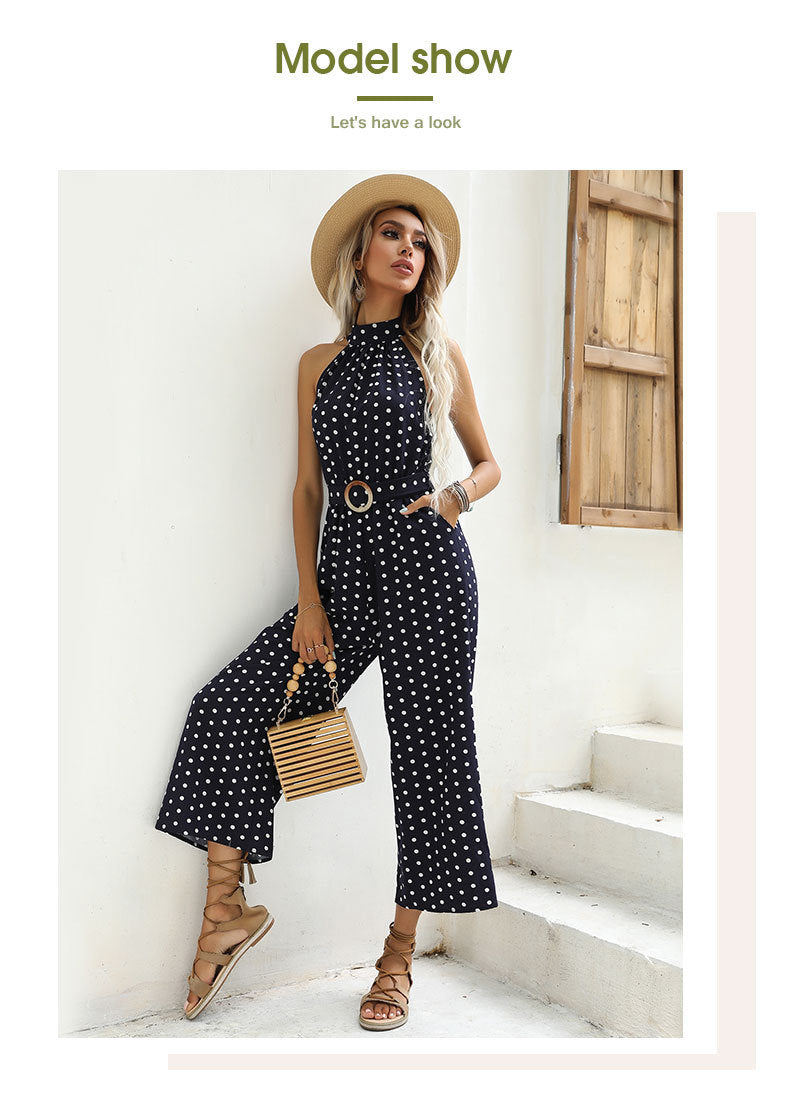 Polka Dot Halter Wide Leg Jumpsuit Vintage Resort Wear