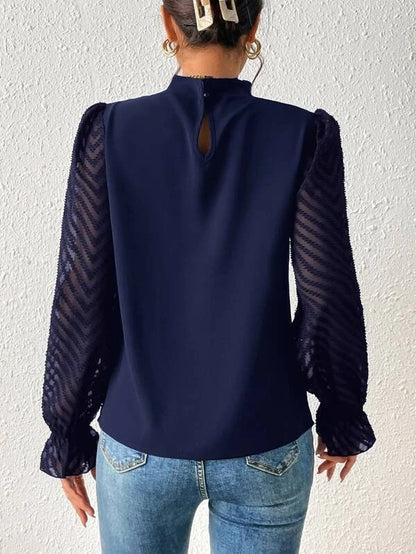 Mock Neck Chiffon Blouse Lace Sleeve Elegant Work Top