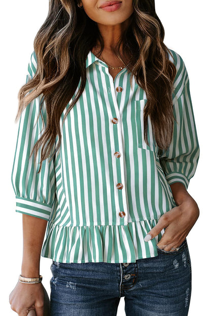 Striped Button Down Ruffle Hem 3/4 Sleeve Blouse