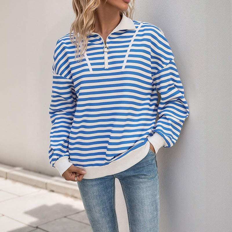 Striped Quarter Zip Collared Sweatshirt Casual Pullover Top