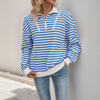 Striped Quarter Zip Collared Sweatshirt Casual Pullover Top
