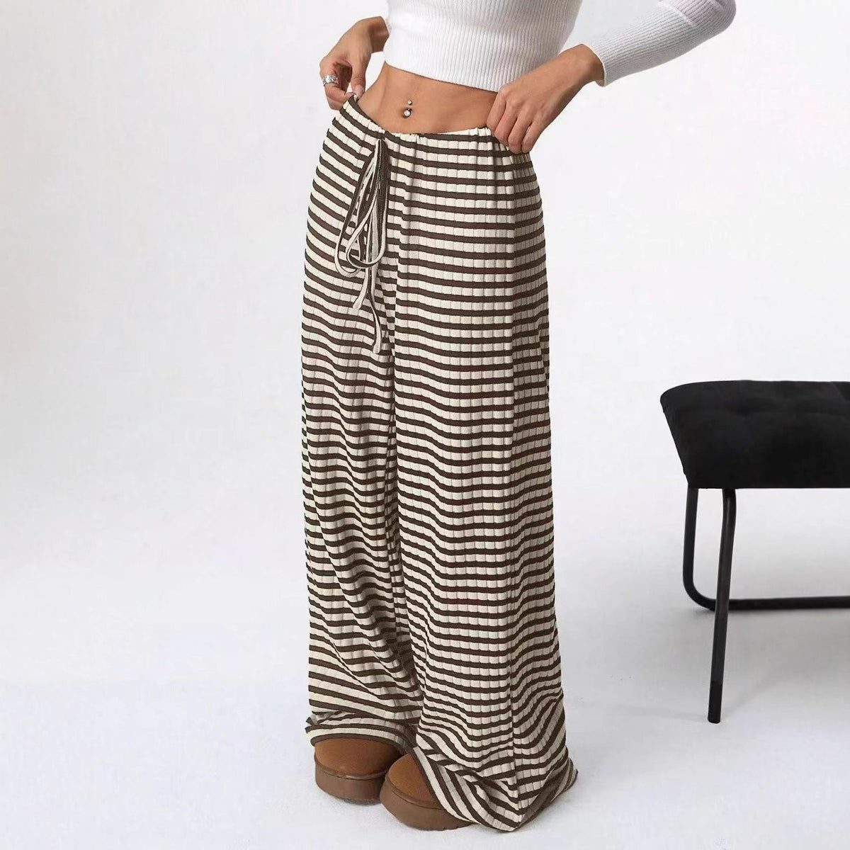 Women's Striped Wide Leg Drawstring Lounge Pants