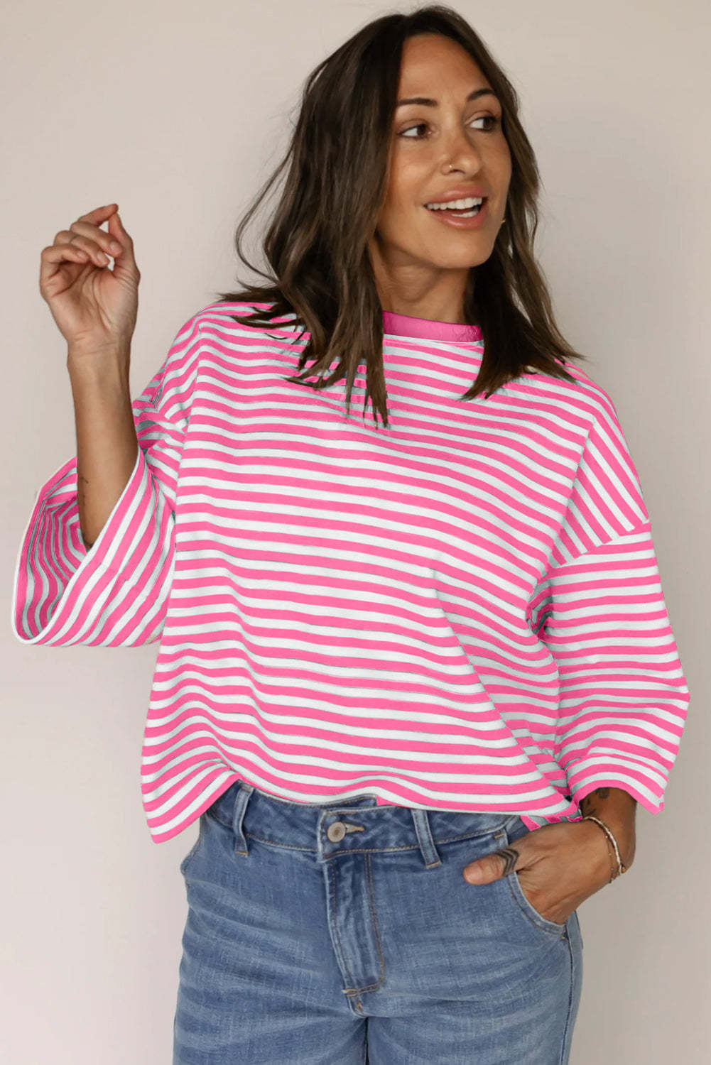 Blue Striped Knit Back Bow Open Back Top Women