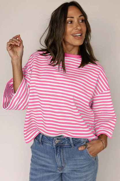 Blue Striped Knit Back Bow Open Back Top Women