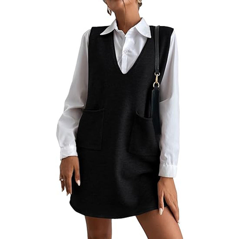 Women's Sleeveless Knit V-Neck Sweater Vest Dress