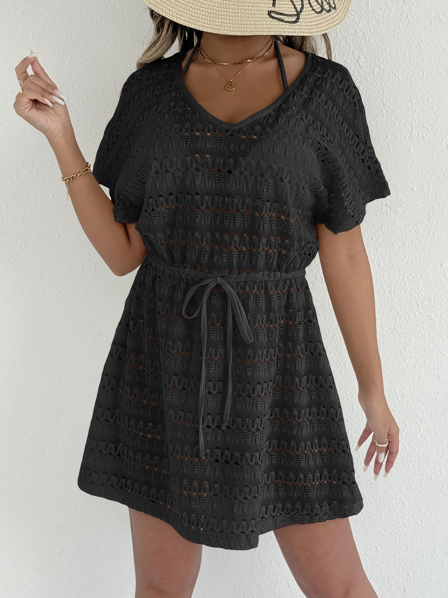 Sheer Lace Drawstring Beach Cover Up with Bow Tie Waist