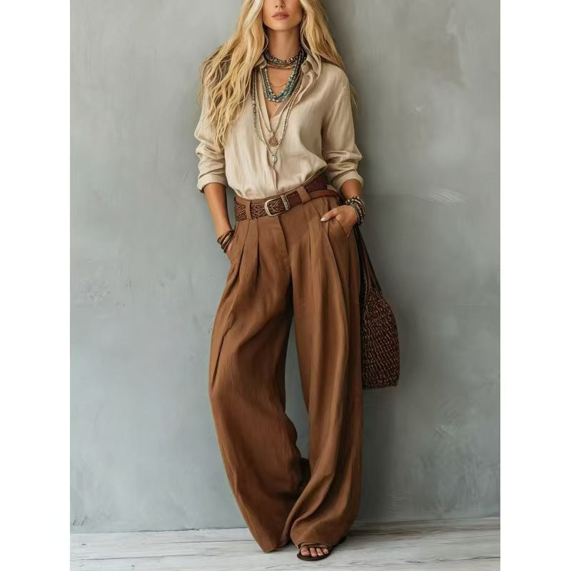 Women's Two Piece Button Down Shirt & Wide Leg Pants Set