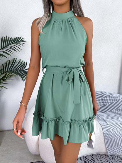 Sleeveless Halter Ruffle Hem Mini Dress with Belt