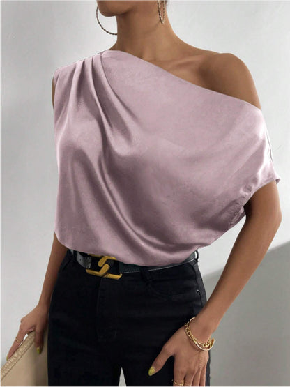Satin One Shoulder Draped Blouse Sleeveless Top