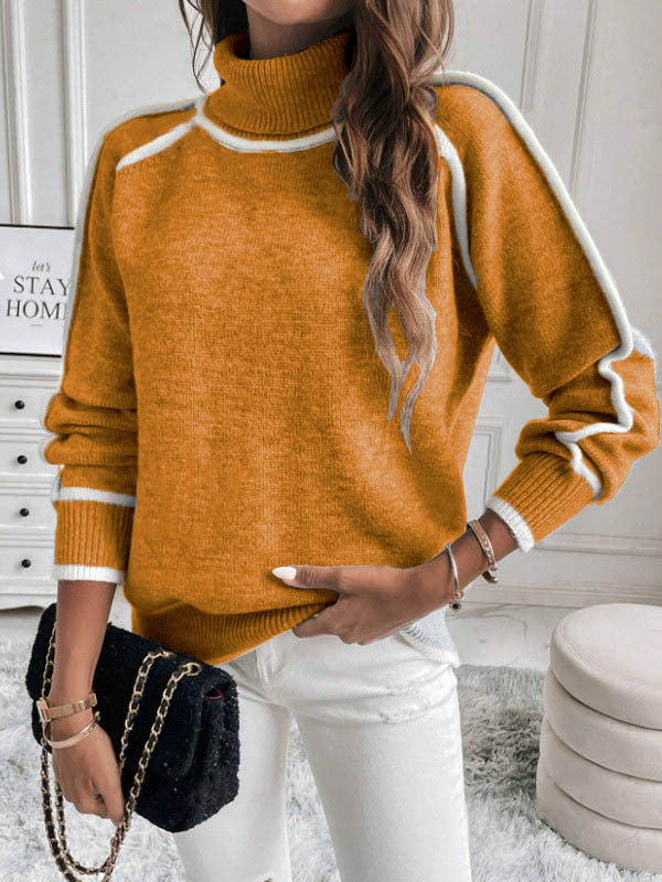 Oversized Contrast Trim Turtleneck Sweater Raglan Sleeve