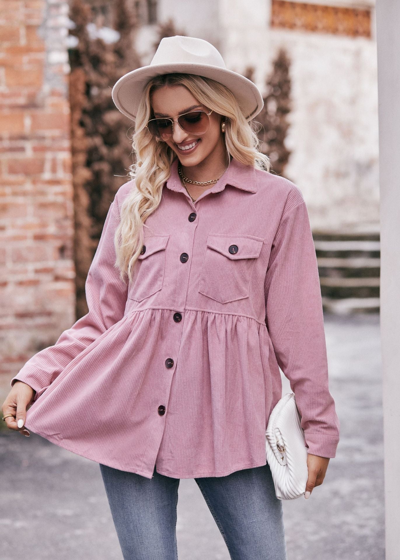 Casual Corduroy Babydoll Shirt Vintage-Inspired Top