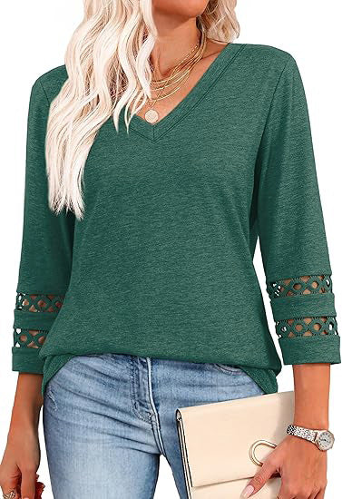 White V-Neck Lace Sleeve Casual Knit Top for Women
