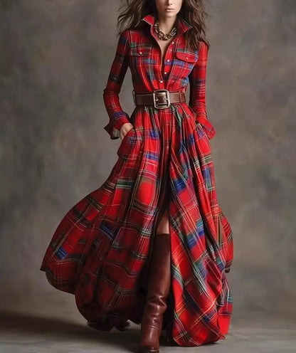 Plus Size Plaid Maxi Shirt Dress Belted Long Sleeve