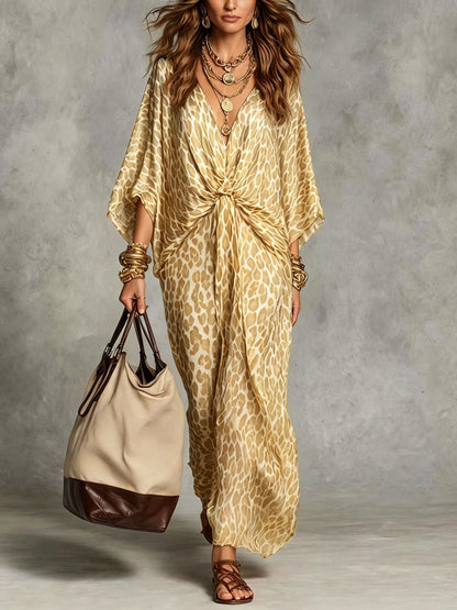 Leopard Print V-Neck Maxi Dress Batwing Sleeve Twist Front