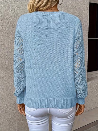 Women's V-Neck Crochet Sleeve Knit Sweater Casual Pullover