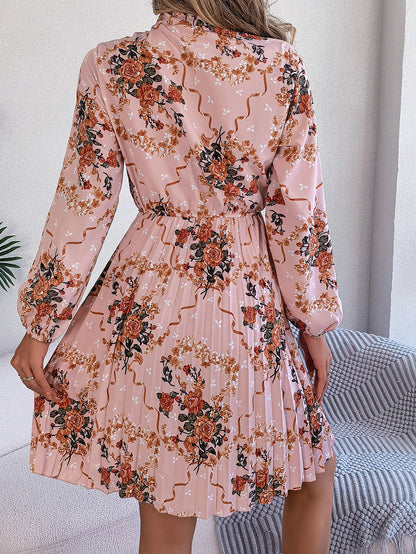 Floral Tie Neck Long Sleeve Pleated Midi Dress
