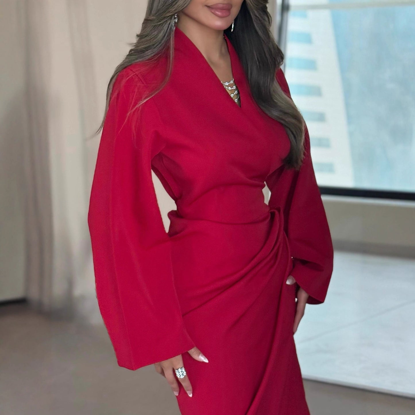 Women's Ruched V Neck Long Sleeve Red Midi Dress