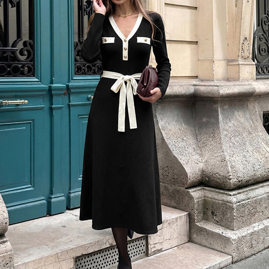 Contrast Trim V Neck Tie Waist Knit Midi Dress