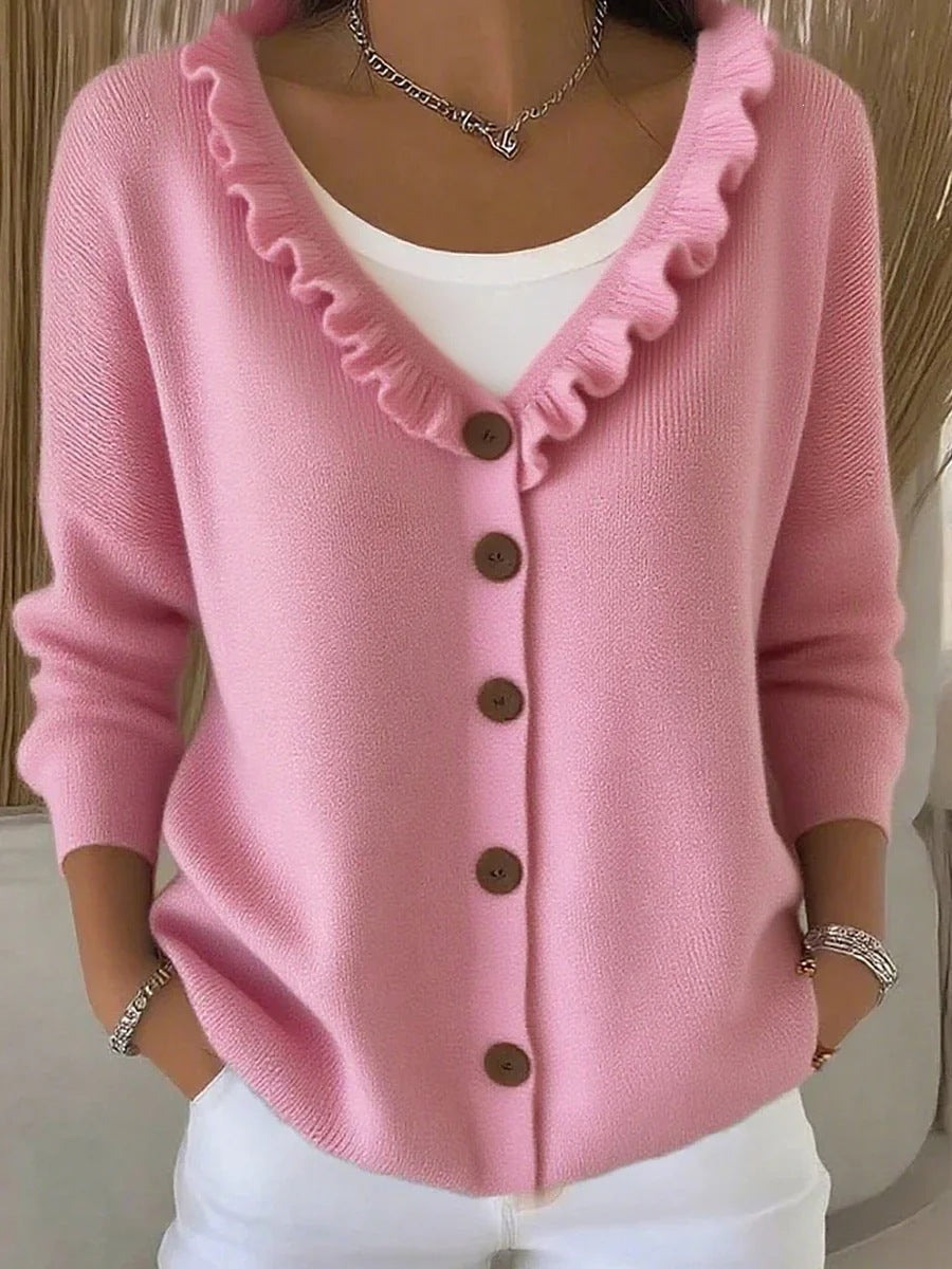 Ruffle Trim V Neck Knit Cardigan Sweater