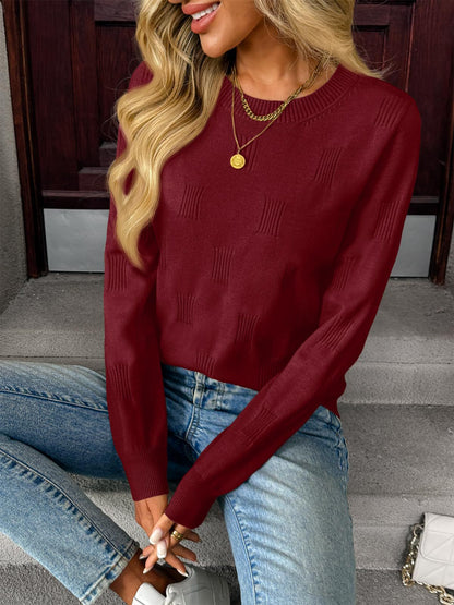 Textured Knit Crewneck Pullover Sweater for Women