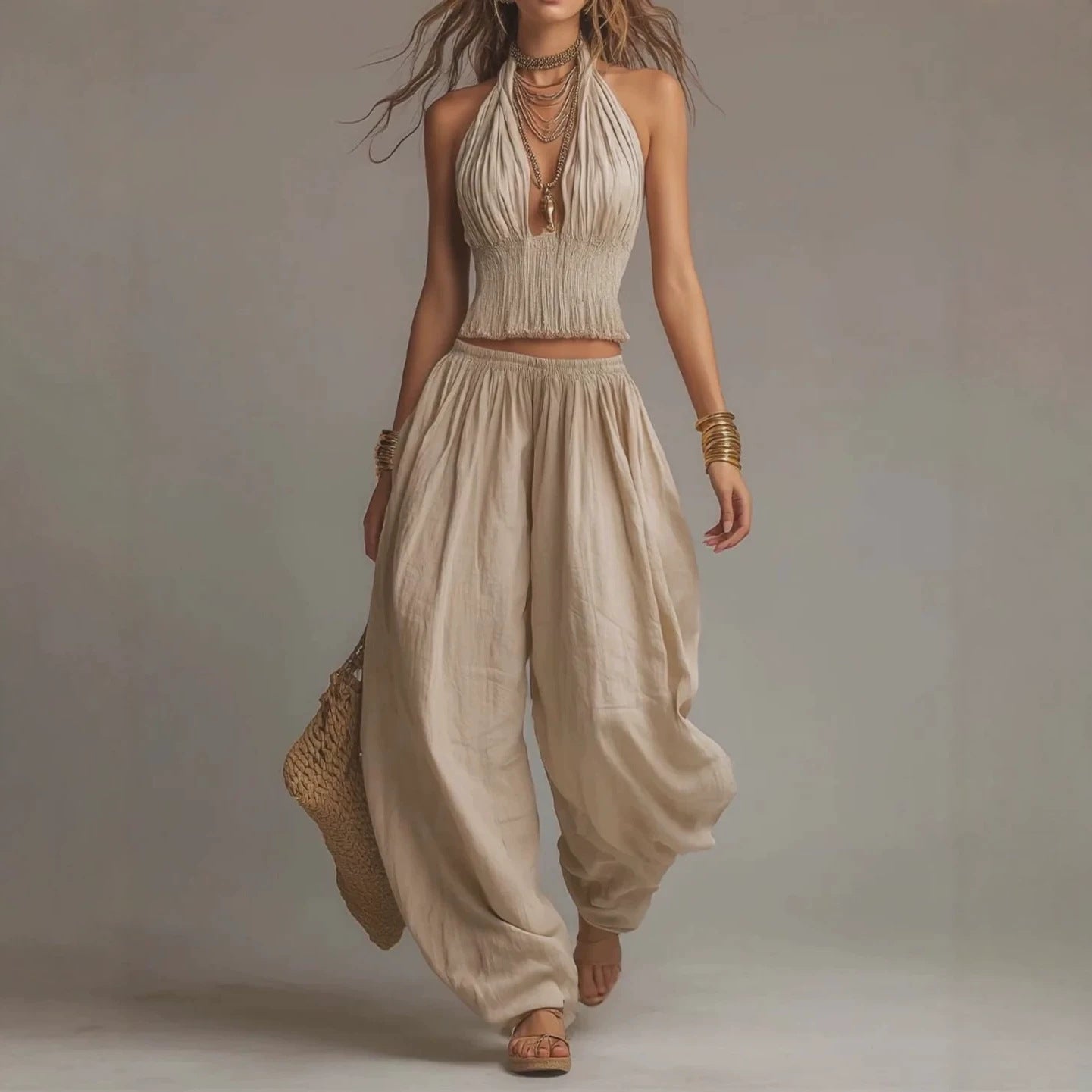 Women's Summer Halter Backless Wide Leg Pants Matching Set