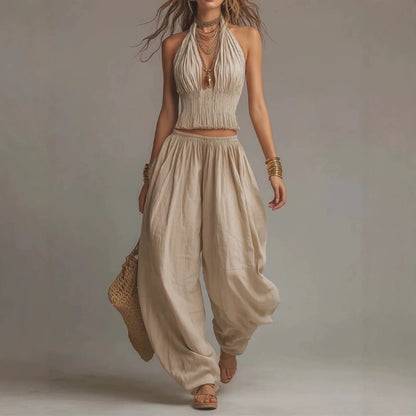 Women's Summer Halter Backless Wide Leg Pants Matching Set
