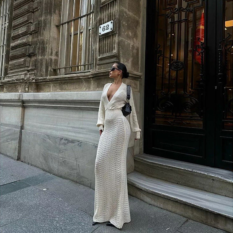 Crochet Deep V Neck Long Sleeve Maxi Dress Bodycon