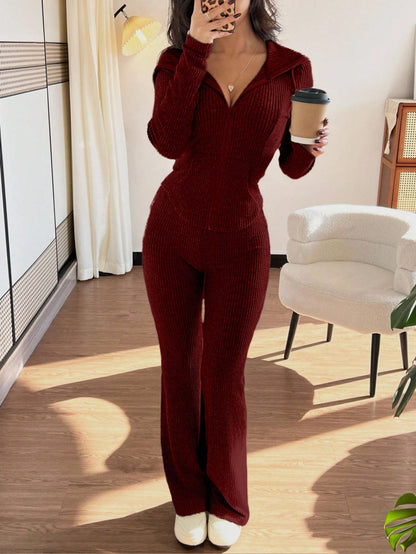 Women's Ribbed Half Zip Knit Top and Pants Matching Set