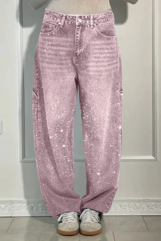 Women's Rhinestone High Waist Straight Leg Jeans