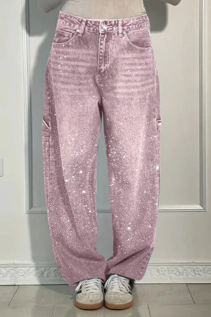 Women's Rhinestone High Waist Straight Leg Jeans