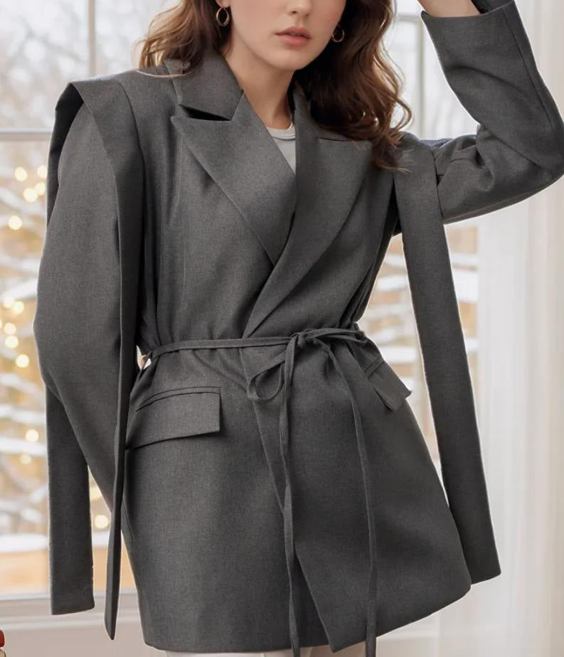 Women's Striped Belted Blazer Casual Lapel Short Jacket