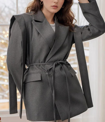 Women's Striped Belted Blazer Casual Lapel Short Jacket