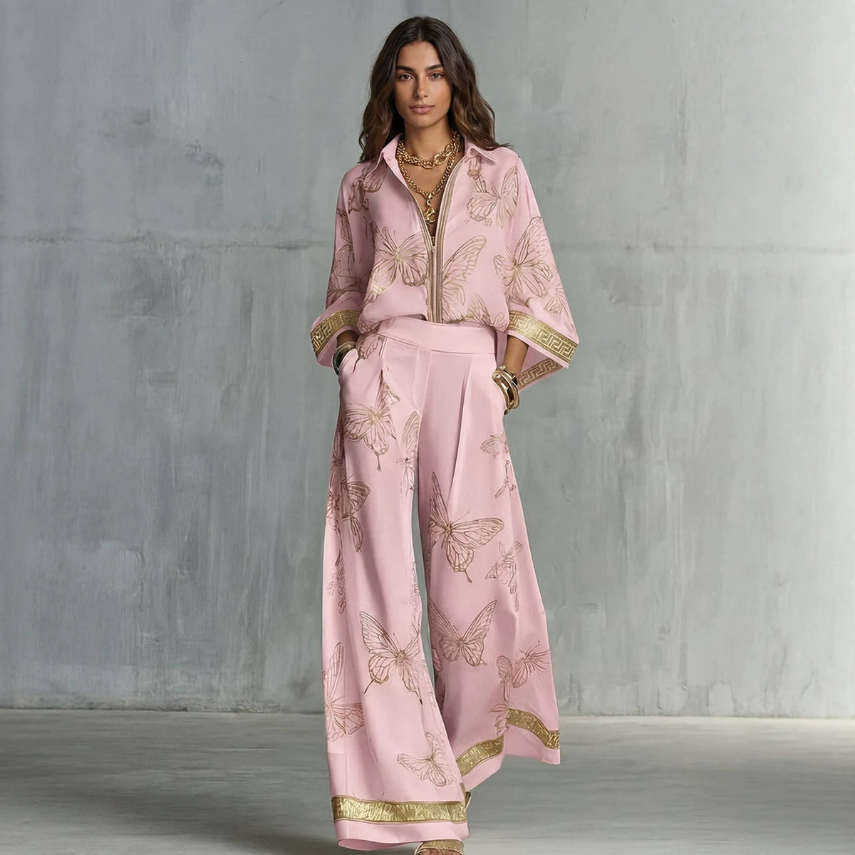 Boho Butterfly Print Two Piece Zip Up Top Wide Leg Pants