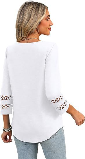 White V-Neck Lace Sleeve Casual Knit Top for Women