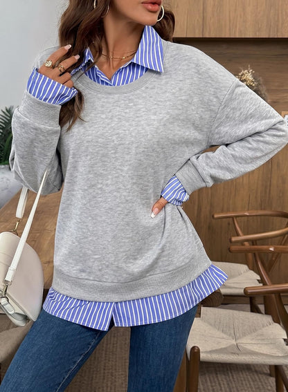 Faux Layered Sweatshirt Striped Collar Relaxed Fit