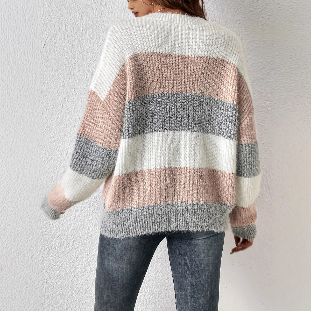 Women's Striped Color Block Crew Neck Knit Sweater