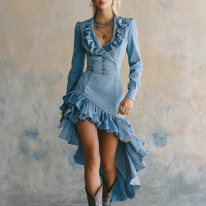 Western Ruffle Denim Dress Asymmetrical Hem