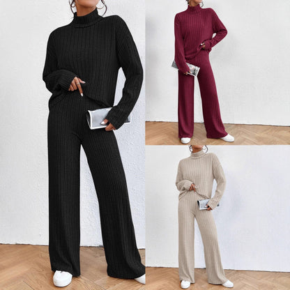 Women's Ribbed Turtleneck Sweater Wide Leg Pants Set