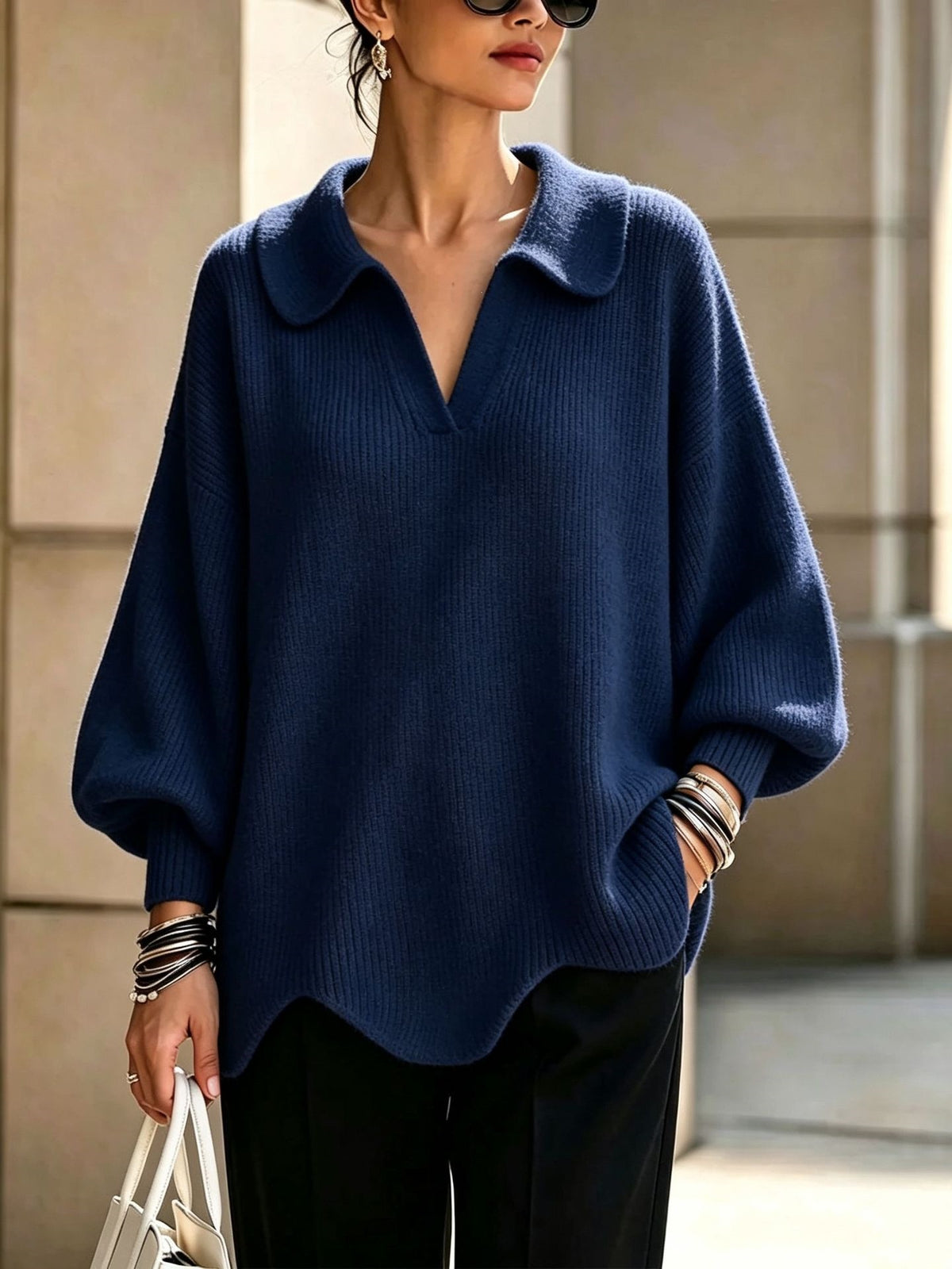 Women's Oversized Collared V-Neck Balloon Sleeve Sweater