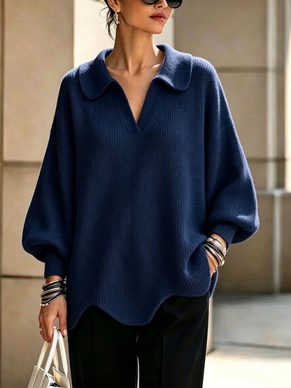 Women's Oversized Collared V-Neck Balloon Sleeve Sweater