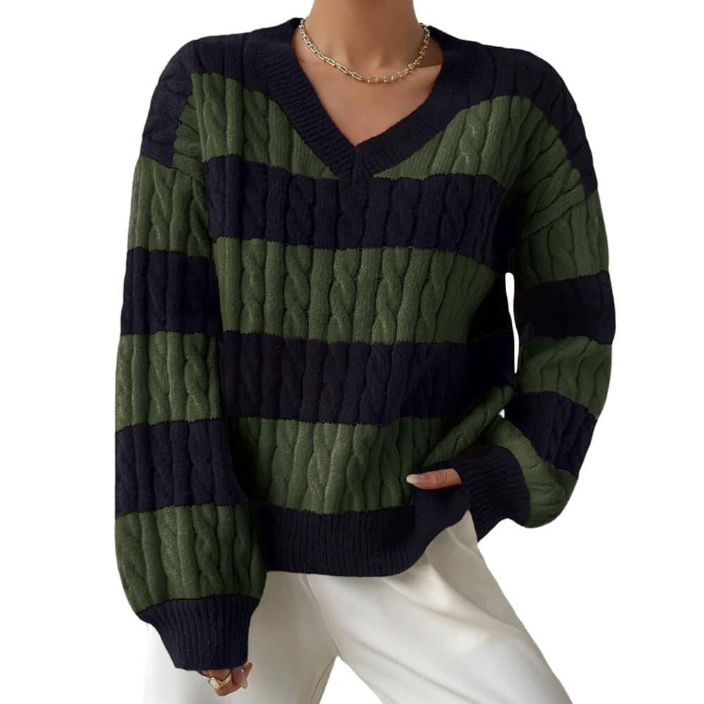 Women's Oversized V-Neck Striped Cable Knit Sweater